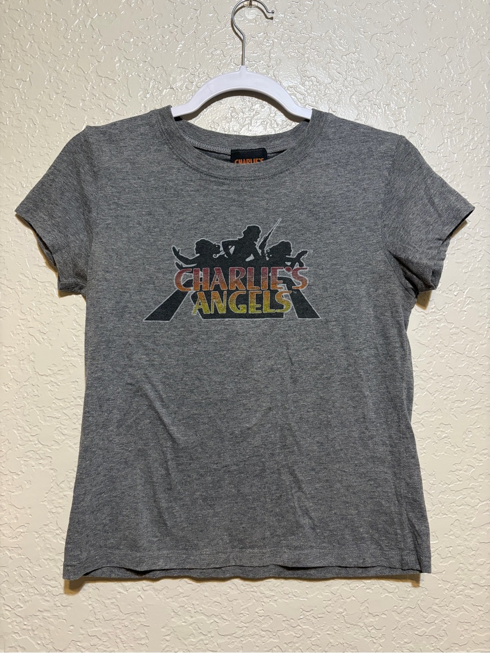 Vintage Charlie's Angels Grey Graphic Tee with Multicolor Logo